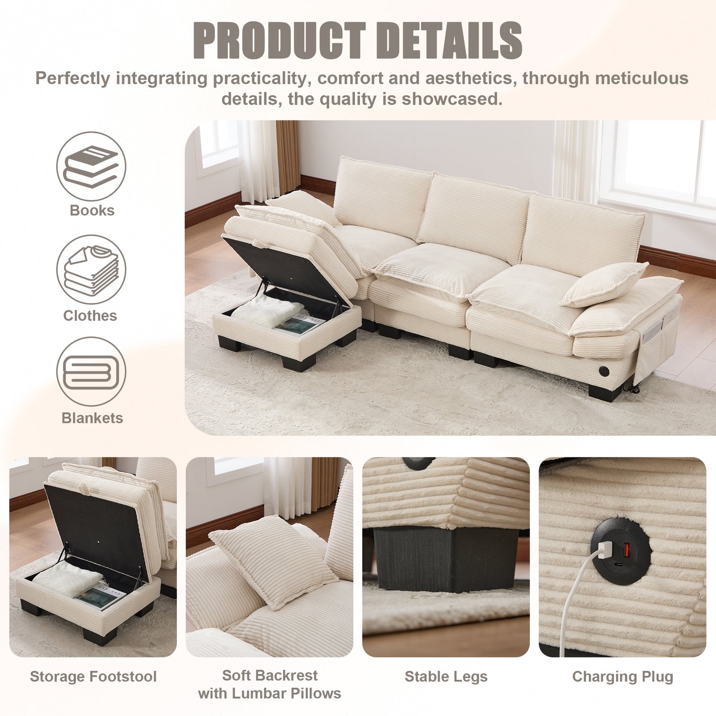 Modular Cloud Sofa - Comfy Corduroy Sectional for Living Room
