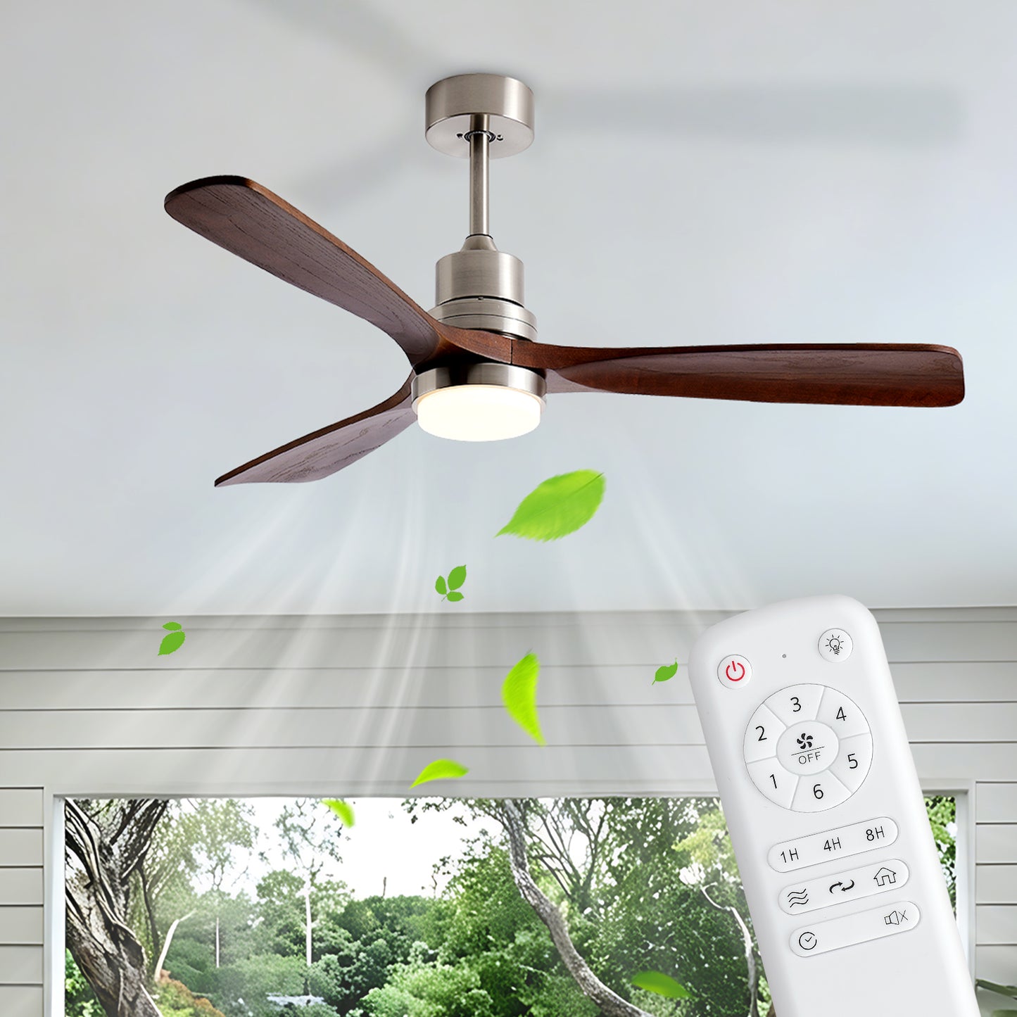 52 Inch Indoor Outdoor Ceiling Fan with Lights and Remote - Modern 3-Blade Design, DC Motor, Brushed Nickel