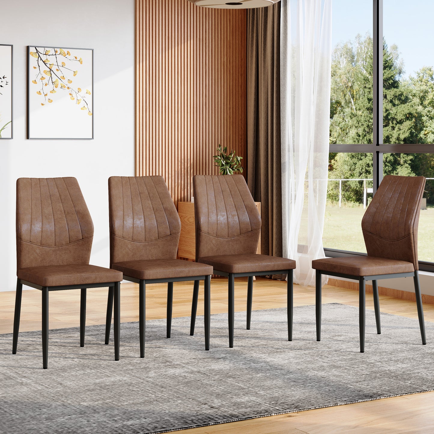 Set Of 4 Brown - And Black Dining Chairs With Shell Pattern, 37