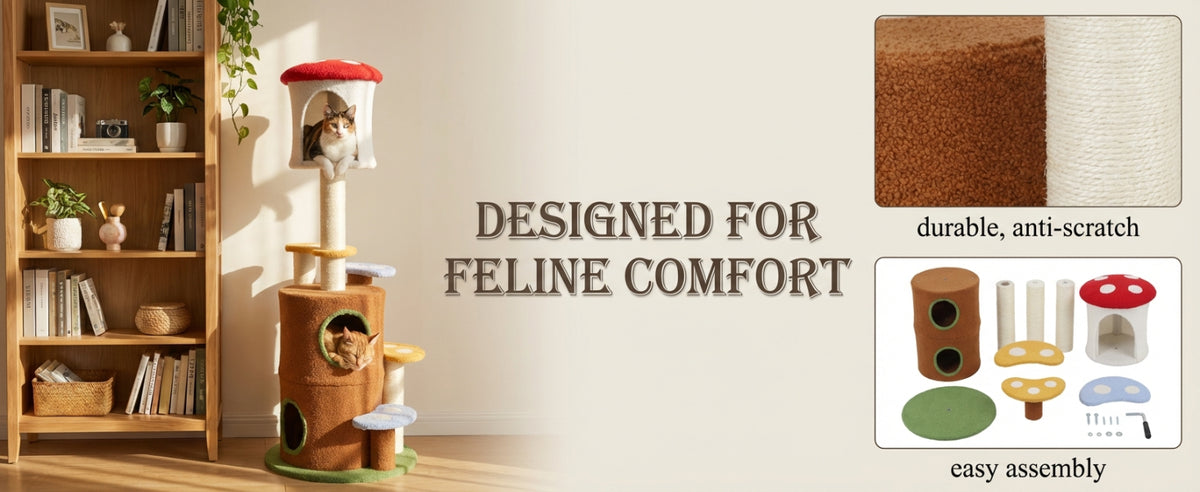 Large Mushroom Cat Tree with Condo, Platform & Ladder - Multi-Level Play & Rest