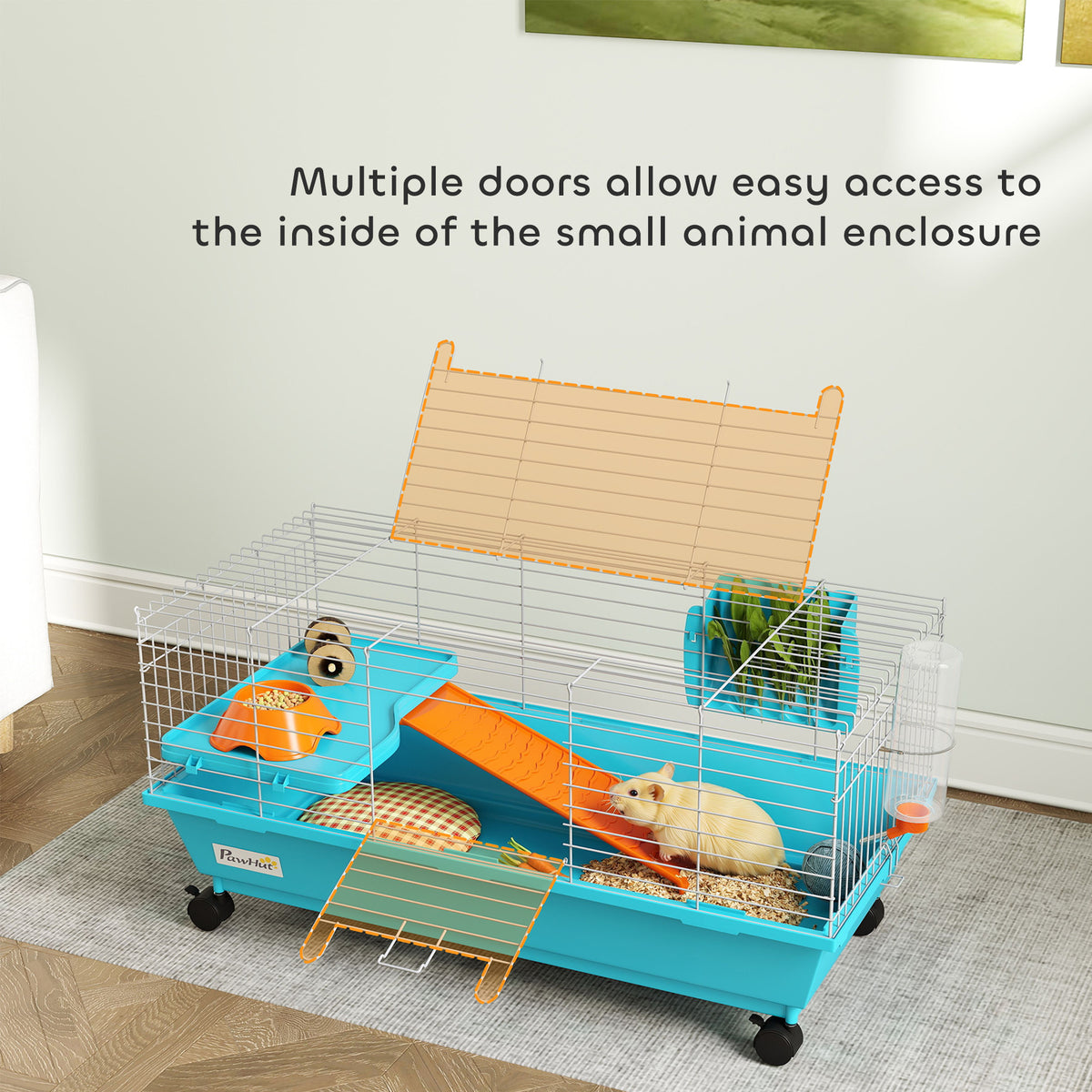 Small Animal Cage with Wheels, Food Dish, Water Bottle & Hay Feeder - Blue, 35 Inches