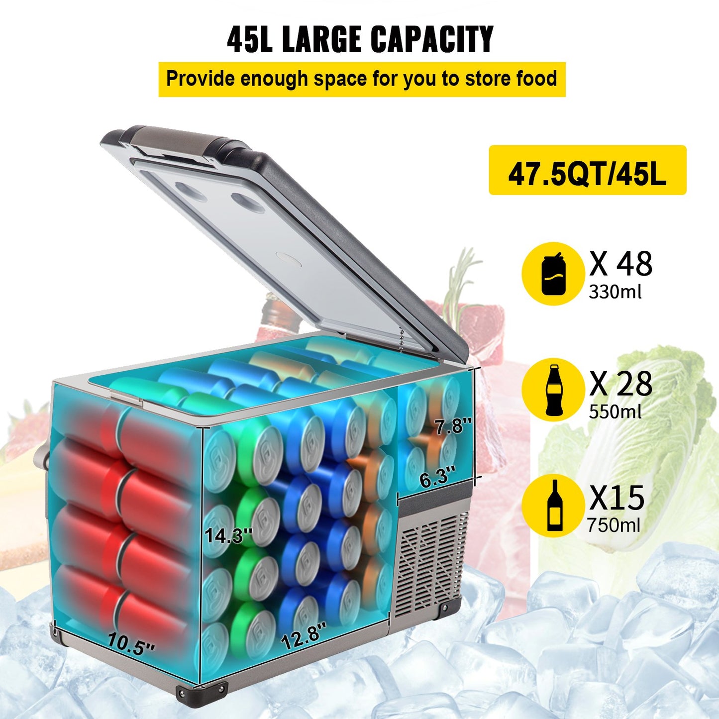 Portable 45L Car Refrigerator Cooler with App Control - 12/24V DC & 110-240V AC, Fast Cooling, Black