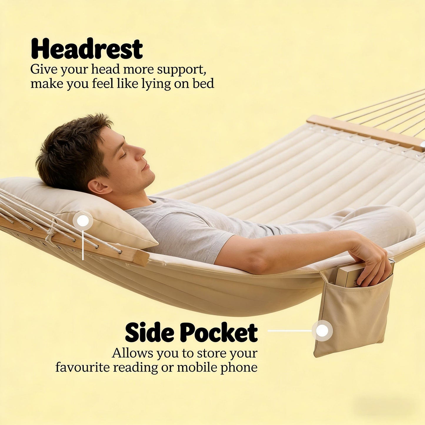 Double Hammock with Quilted Padding for Patio & Garden