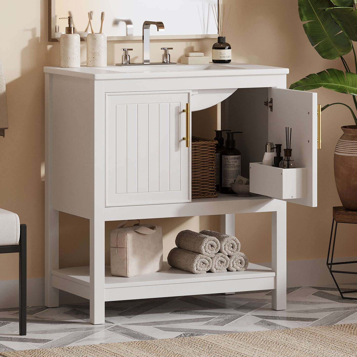 30-Inch White Bathroom Vanity with Ceramic Sink and Storage