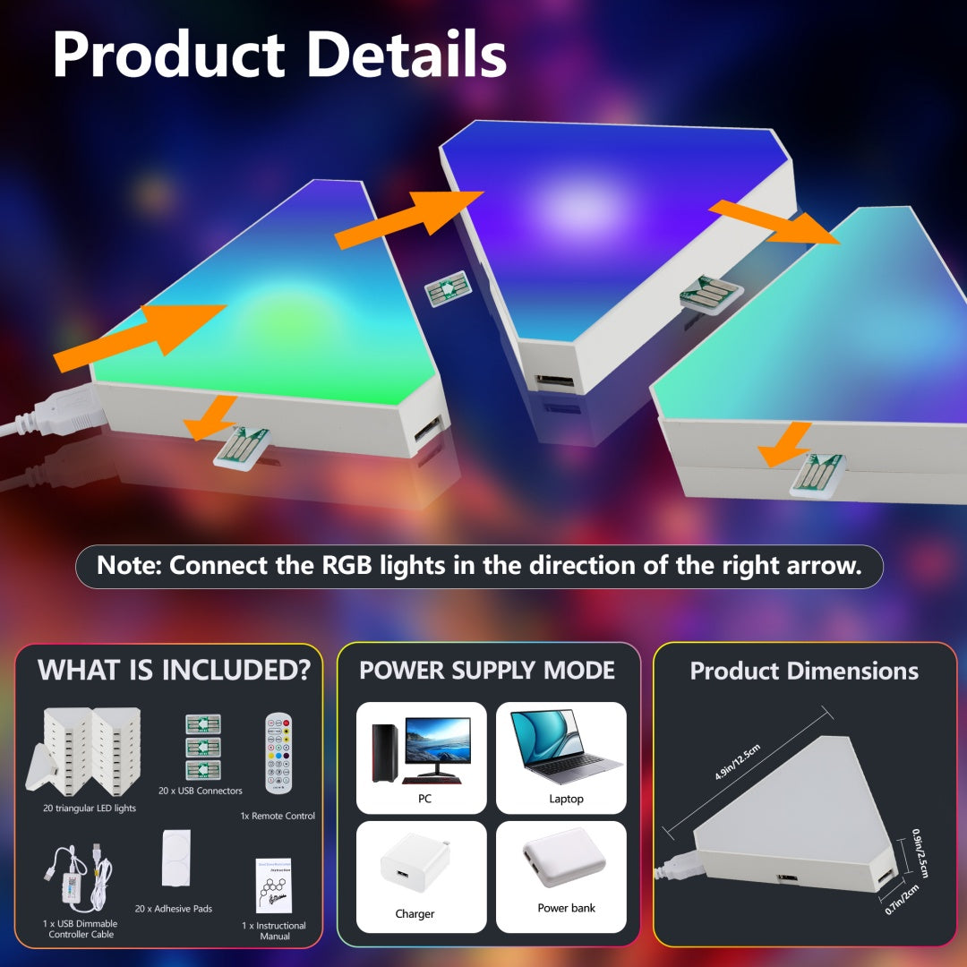 Triangular RGB LED Wall Lights 20-Pack with App & Remote - Music Sync Gaming Decor