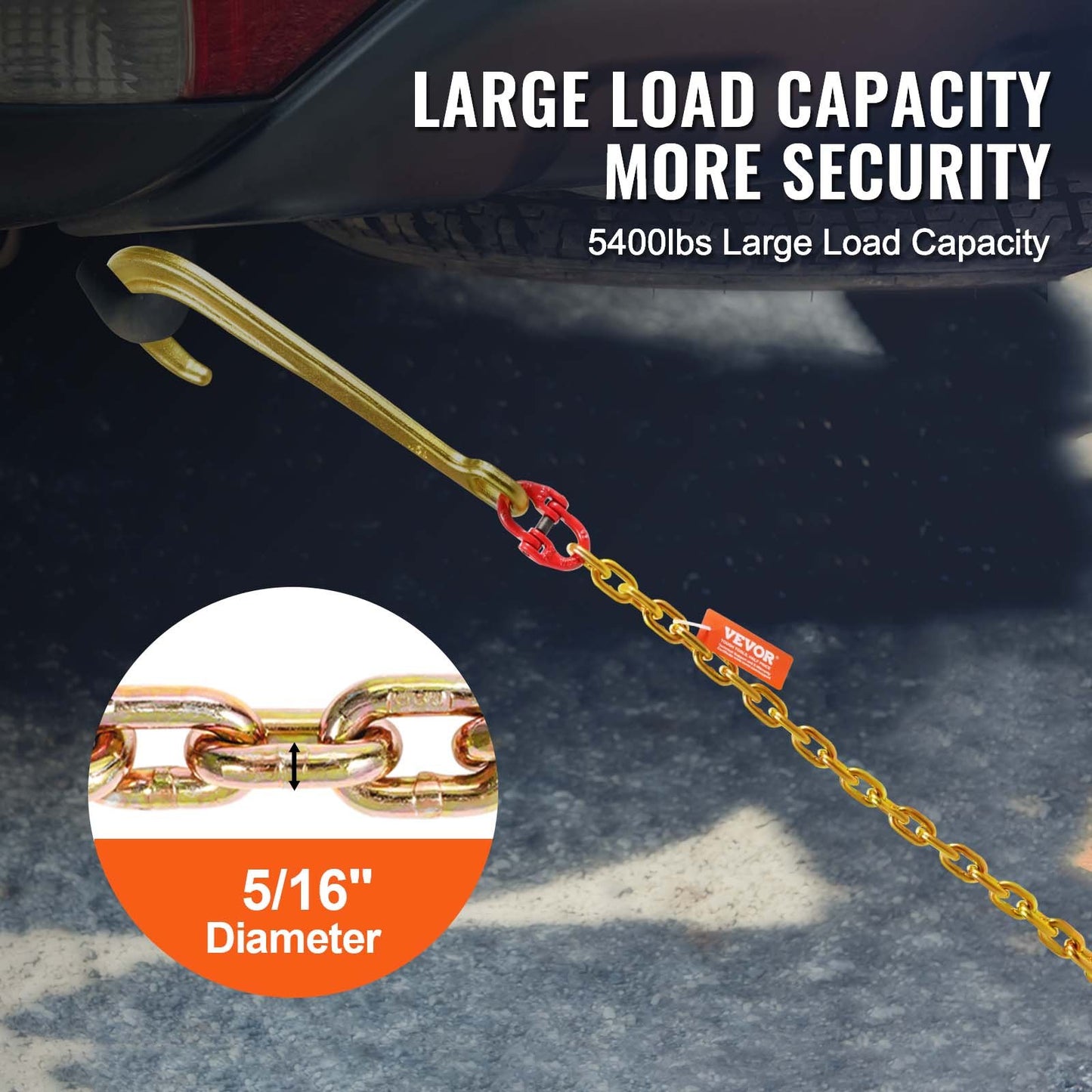 G80 Tow Chain with J Hook and Grab Hooks - Heavy Duty 5400 lbs Capacity, 6 ft