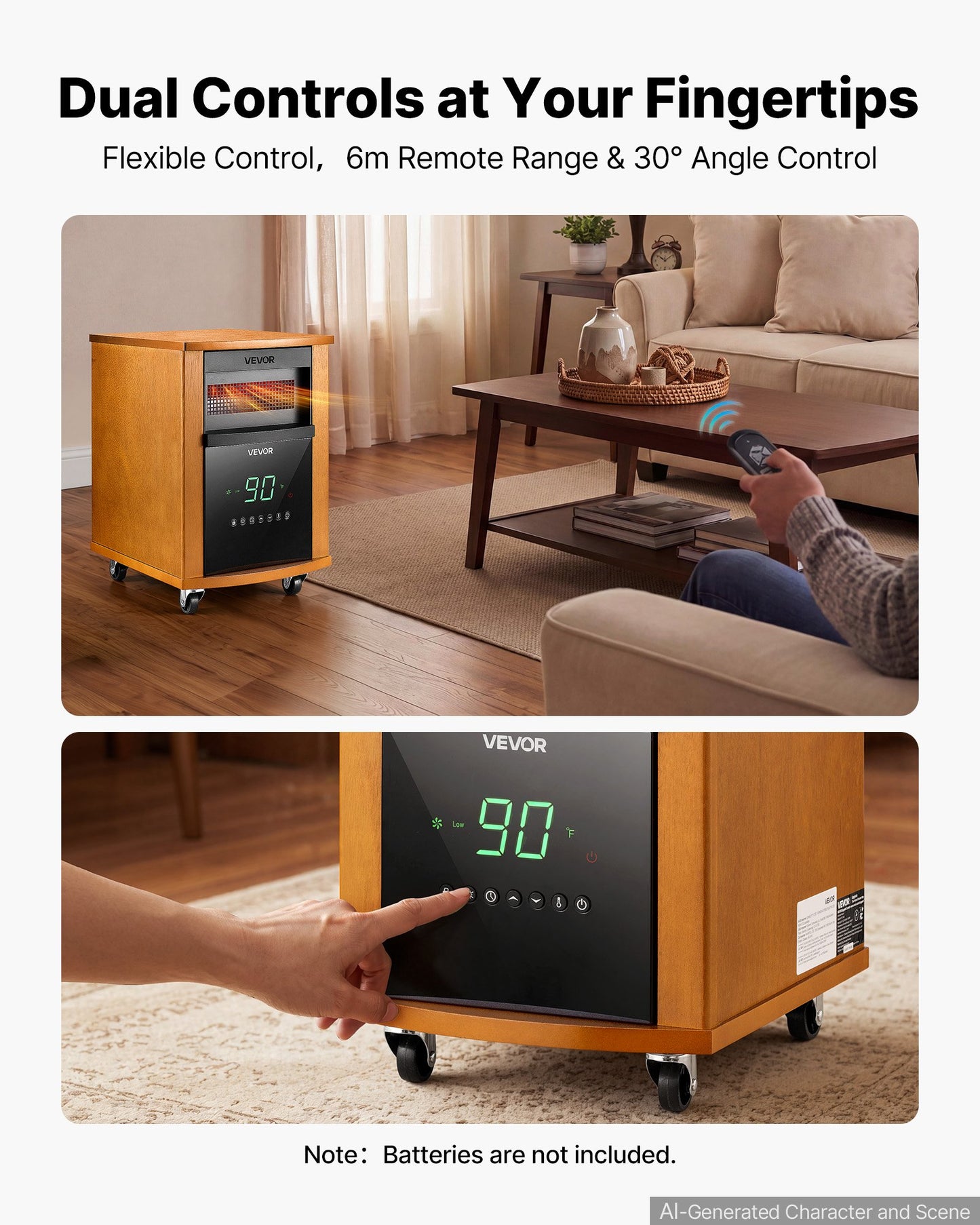 1500W Infrared Space Heater with Remote, 3 Heat Settings, Timer, Portable Wheels