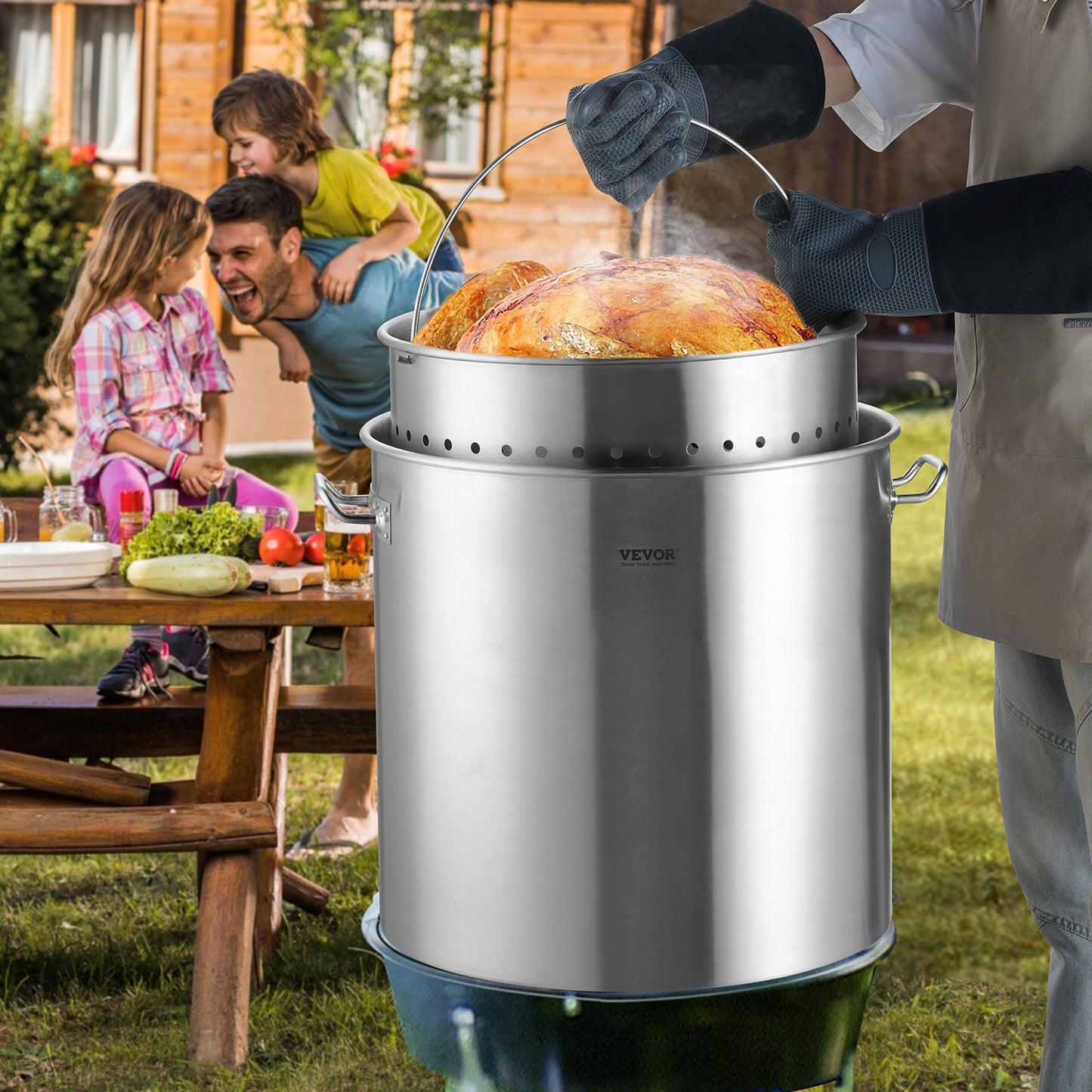 100QT Stainless Steel Stockpot with Basket & Lid - Silver