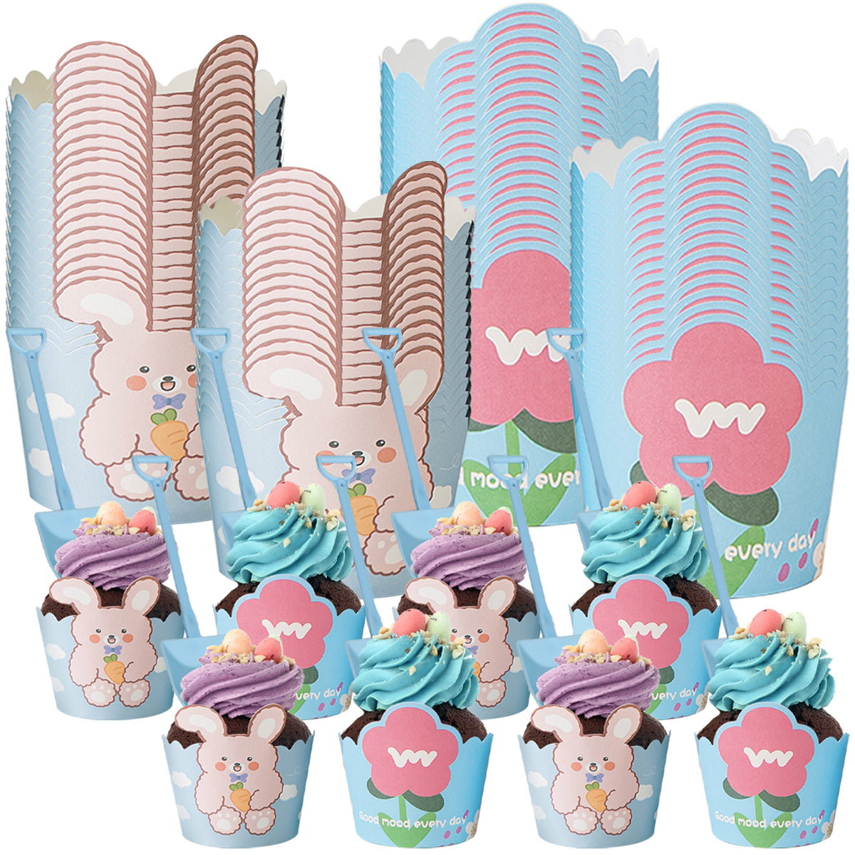 Cupcake Baking Cups with Blue Plastic Spoons - 50 Pack