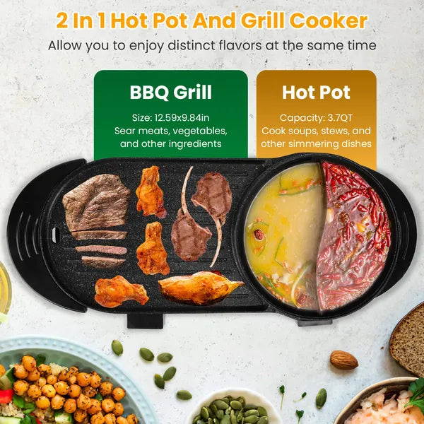 Electric Hot Pot with BBQ Grill 2200W Smokeless Non-Stick Cooker for Family