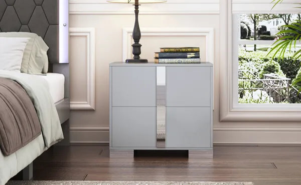 Elegant Gray Nightstand with 2 Drawers and Metal Feet