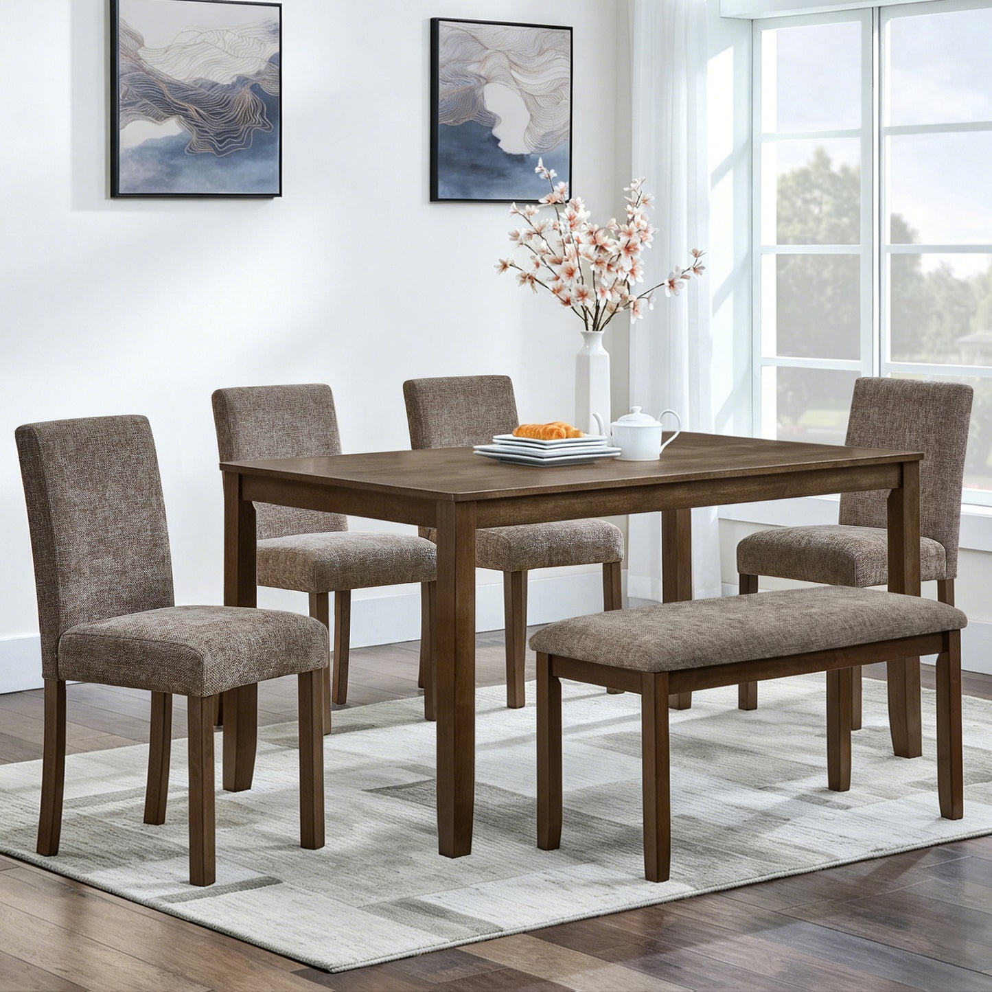 6-Person Wooden Dining Table Set with Bench - Walnut