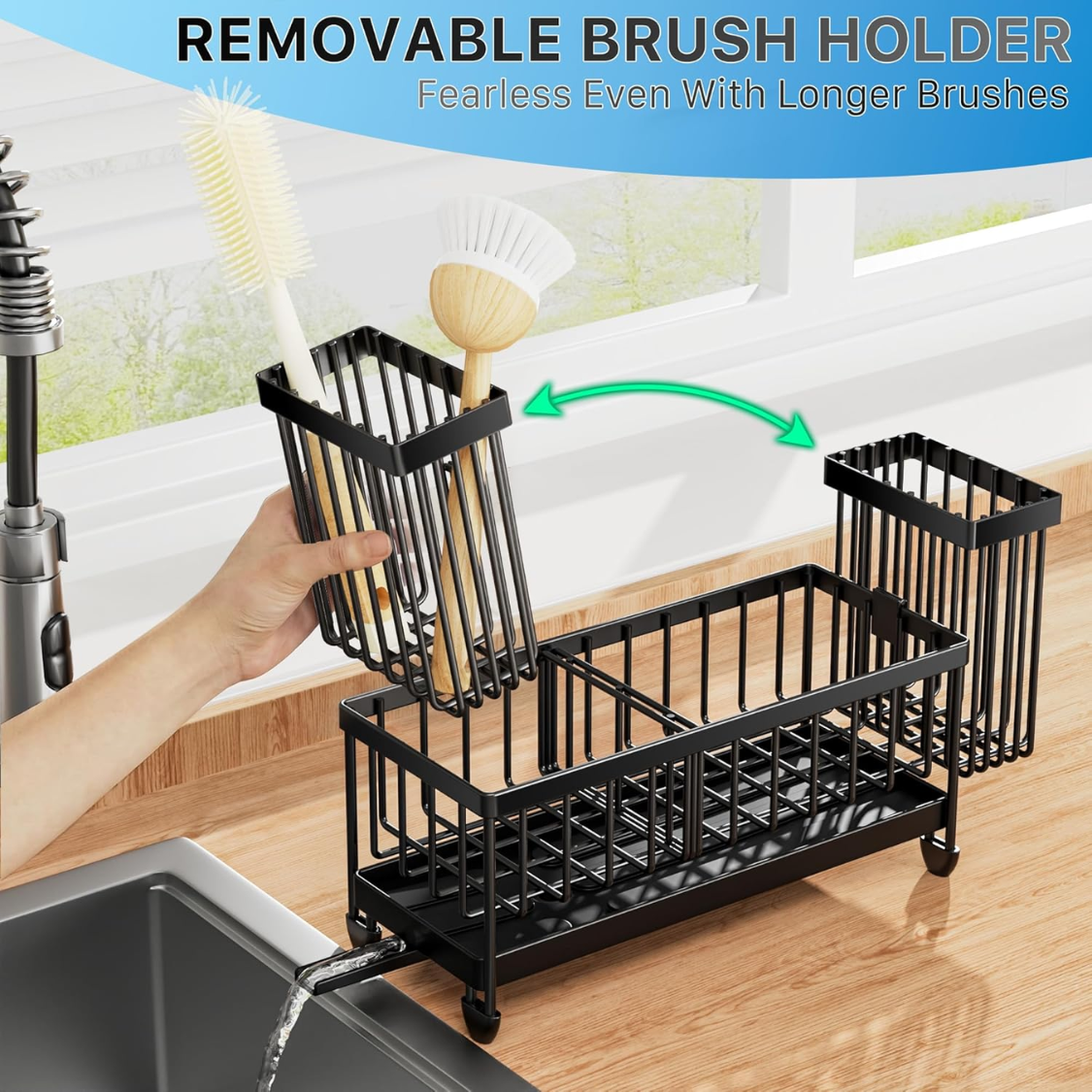 Kitchen Sink Caddy Organizer with Rotatable Brush Holder - Black