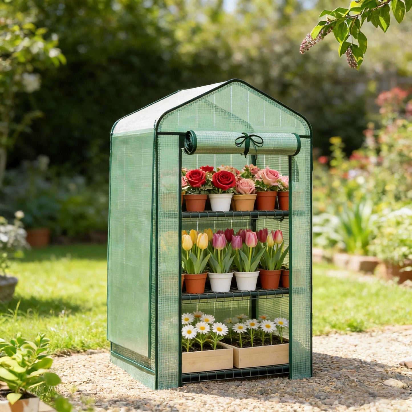 Mini Greenhouse - 3-Tier Plant Shelf with Double-Layer Roof