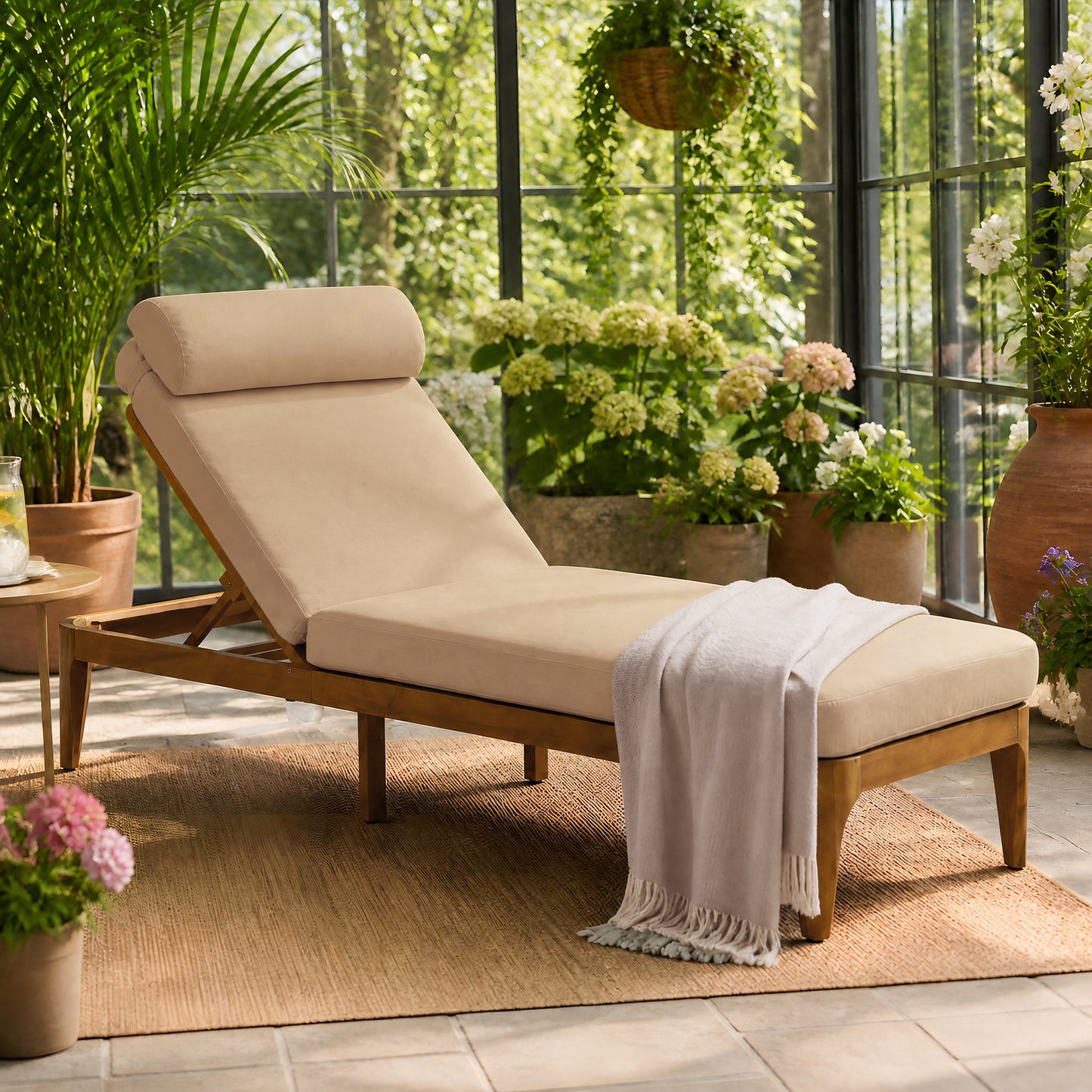 Acacia Wood Outdoor Chaise Lounge Chair with Adjustable Backrest