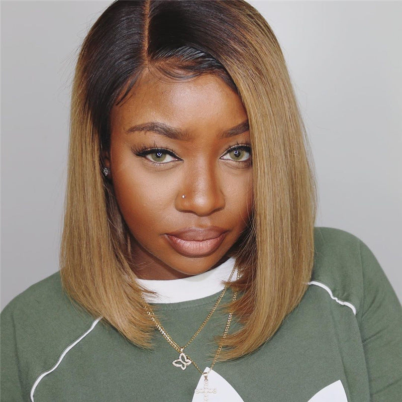 12 Inch Short Gradient Honey Blonde Human Hair Wig - Pre-Colored Lace Bob