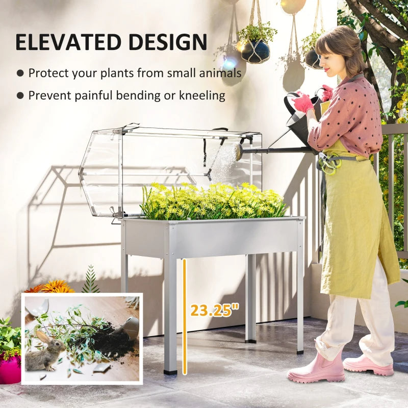 Elevated Garden Bed with Greenhouse Cover - White Raised Planter with Drainage