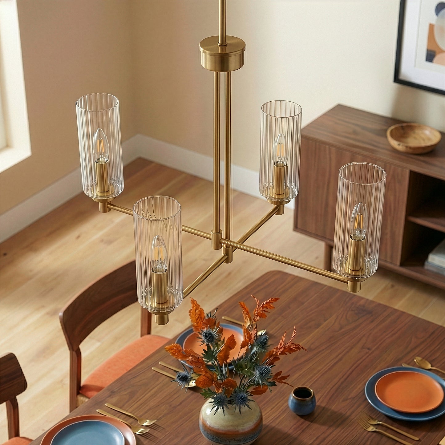 Enigma Four Lights Chandelier With Clear Ribbed Glass -Satin Brass