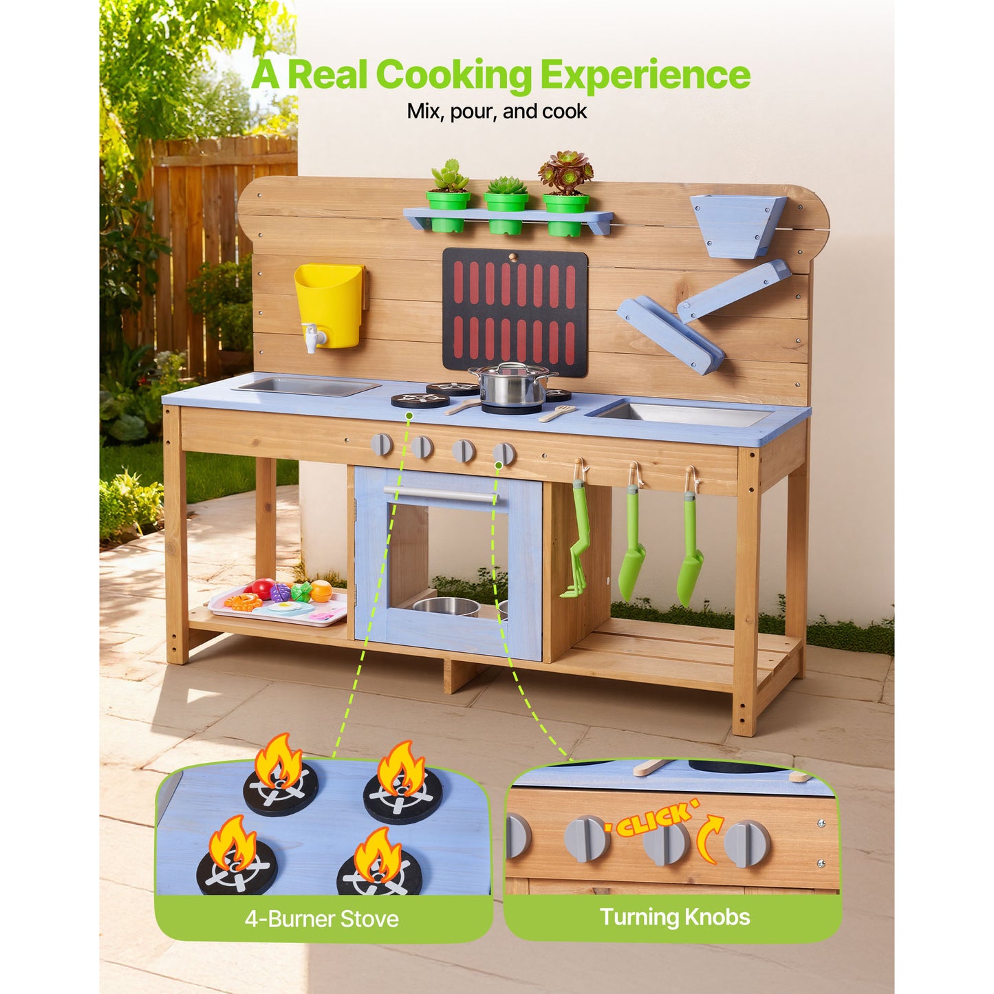 Kids Outdoor Mud Kitchen with Wood Stoves Double Sinks & Accessories