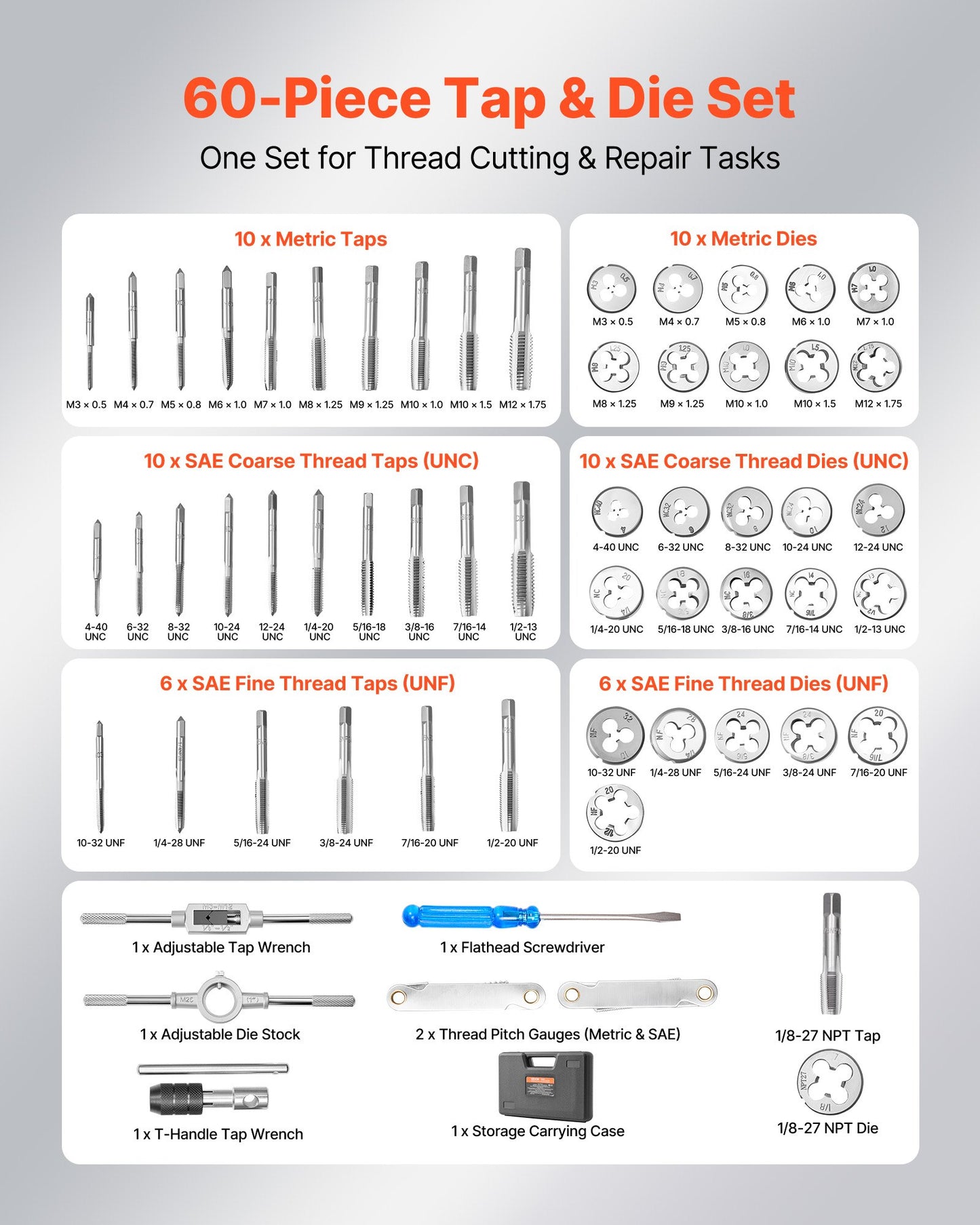 60-Piece Metric and SAE Tap and Die Set with Wrench and Carrying Case for Threading