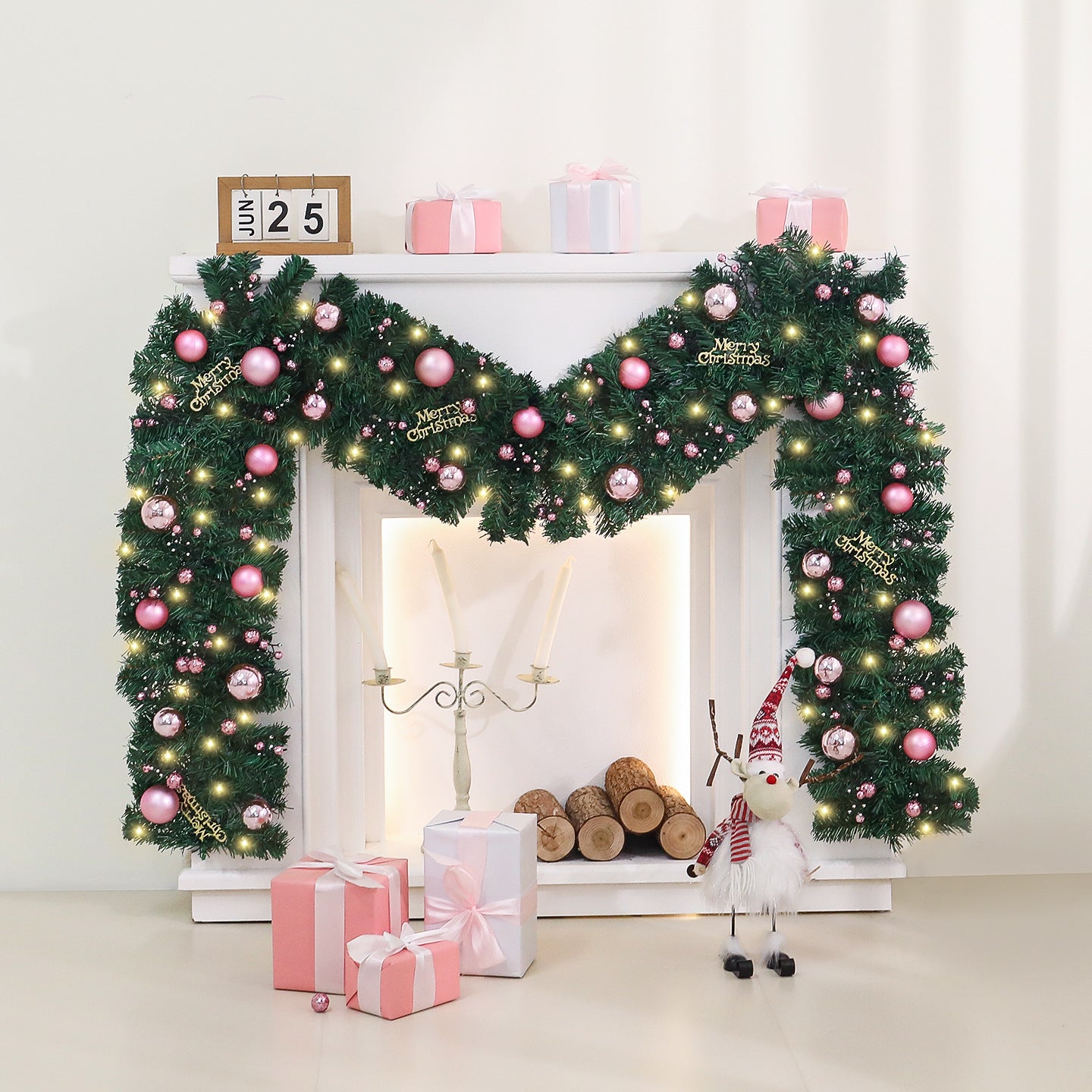 Christmas Rattan Decoration 2.7m with Lights and Wreaths for Festive Home Decor