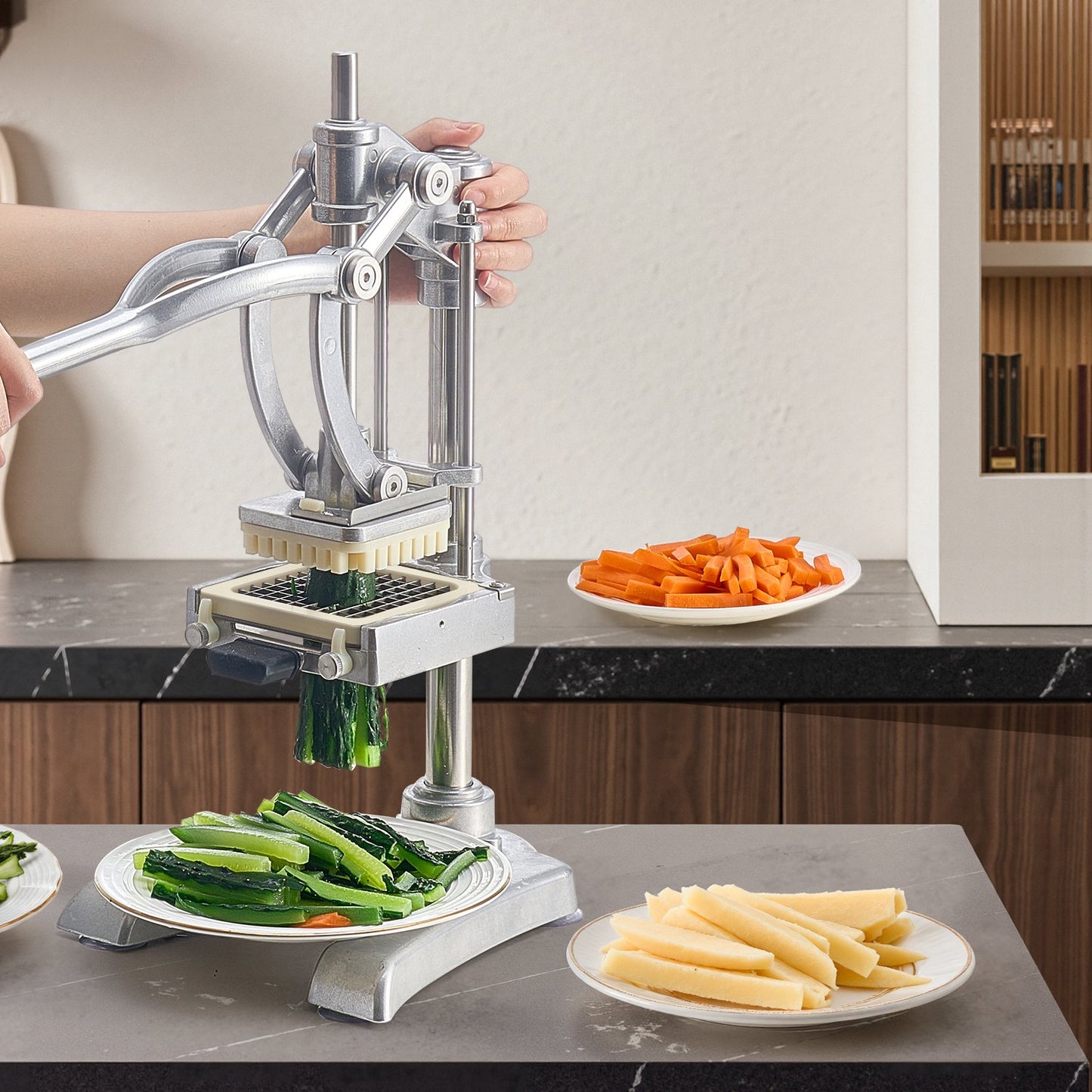 French Fry Cutter Vegetable Chopper with 3 Stainless Steel Blades - Silver