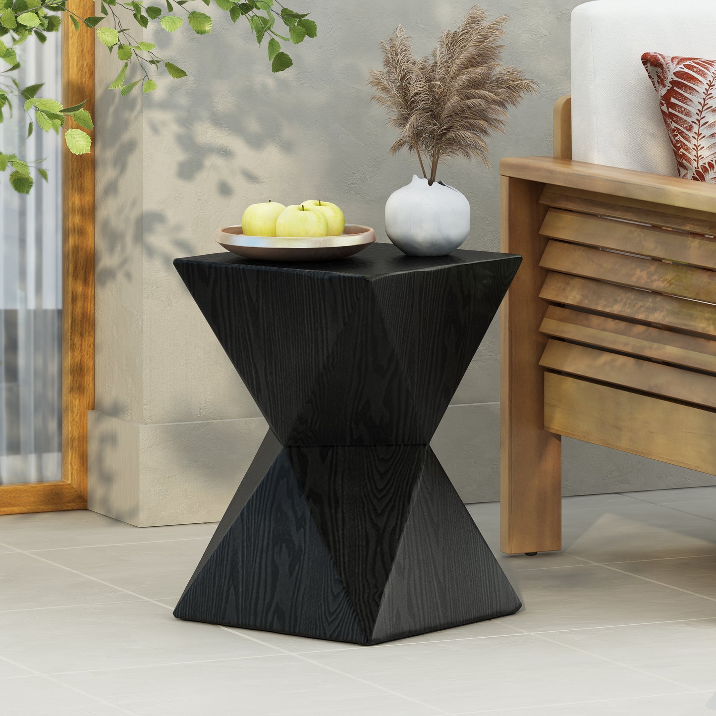14.25 Black Prismatic Symmetry Concrete Side Table With Smooth Wood