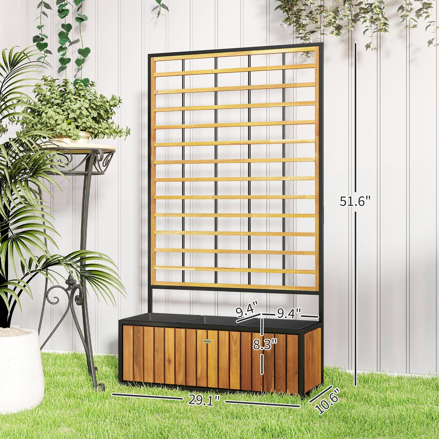 Wooden Raised Garden Bed with Trellis and Removable Pots - Teak, 29x11x52 Inches