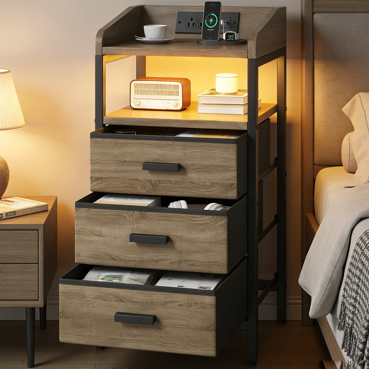 Nightstand with Charging Station and Fabric Drawers - Bedside End Table