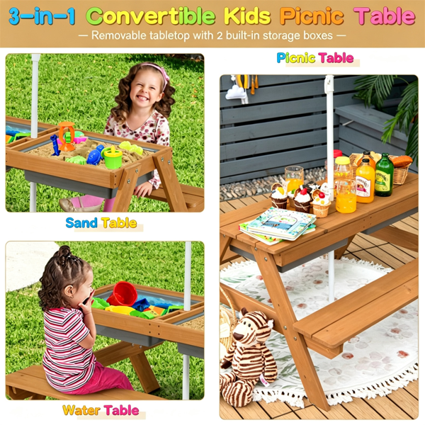 Kids Picnic Table with Adjustable Umbrella - 3-in-1 Sand & Water Play Set
