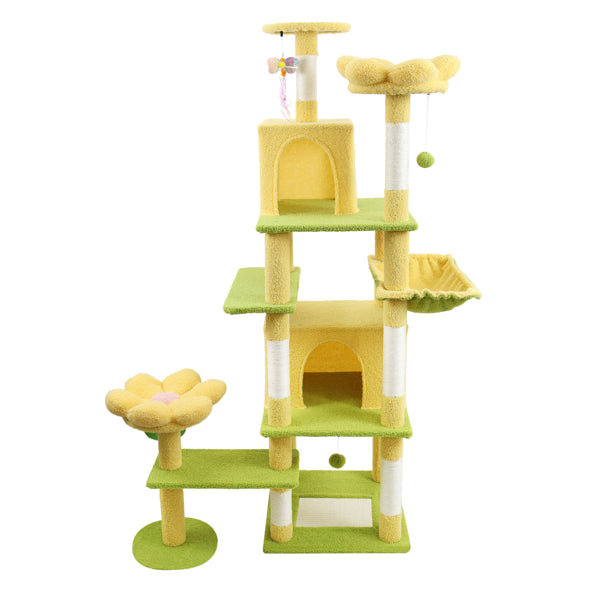 71 Inch Cat Tree with Large Condo Flower Cushion & Hammock - Yellow