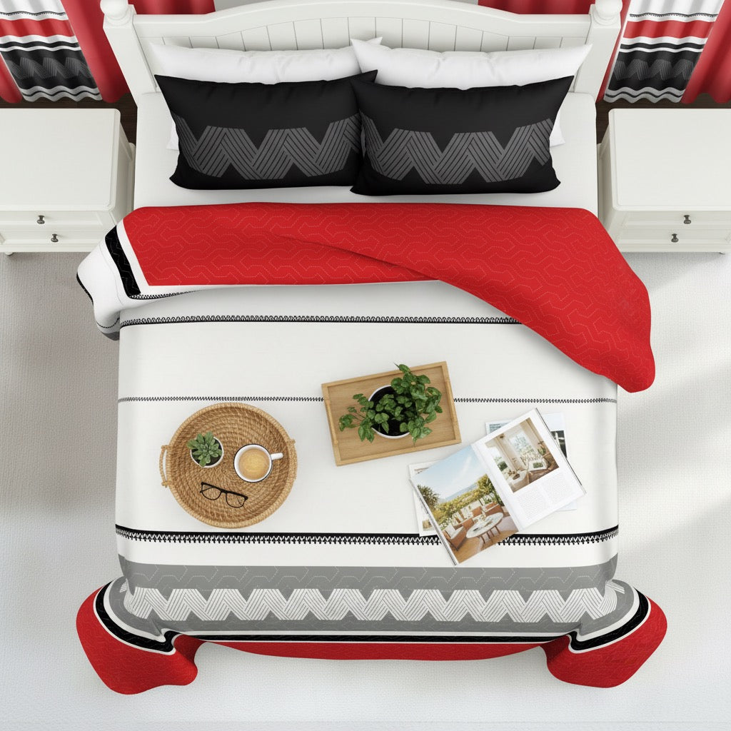 9-Piece Geometric Bedding and Curtain Set - Heavyweight Quilt & 6 Panels