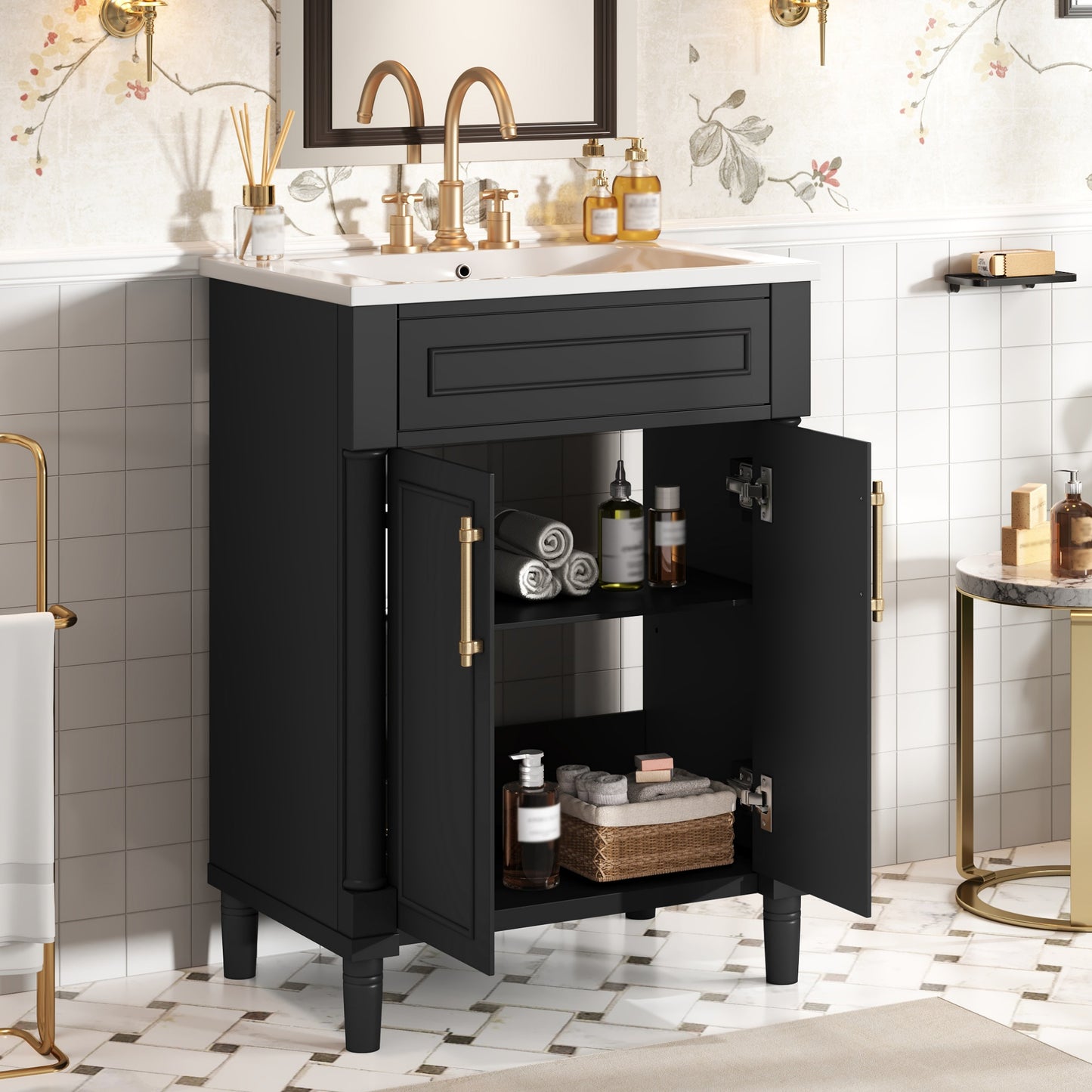 24 Bathroom Vanity With Integrated Ceramic Sink, Cabinet 2 Doors,