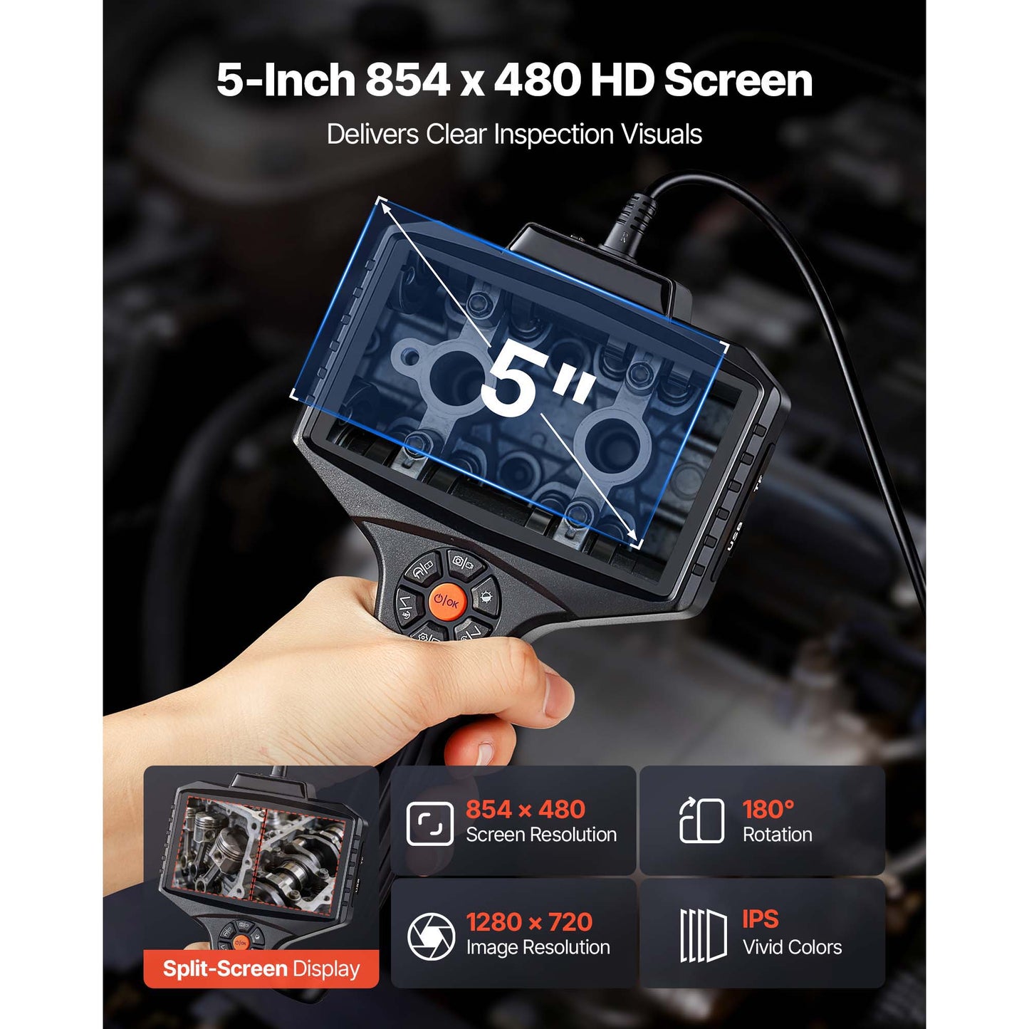 Industrial Endoscope Camera with Light - 360° Coverage, 1080P HD Rigid Snake Scope for Wall and Automotive Inspection - 16.4FT