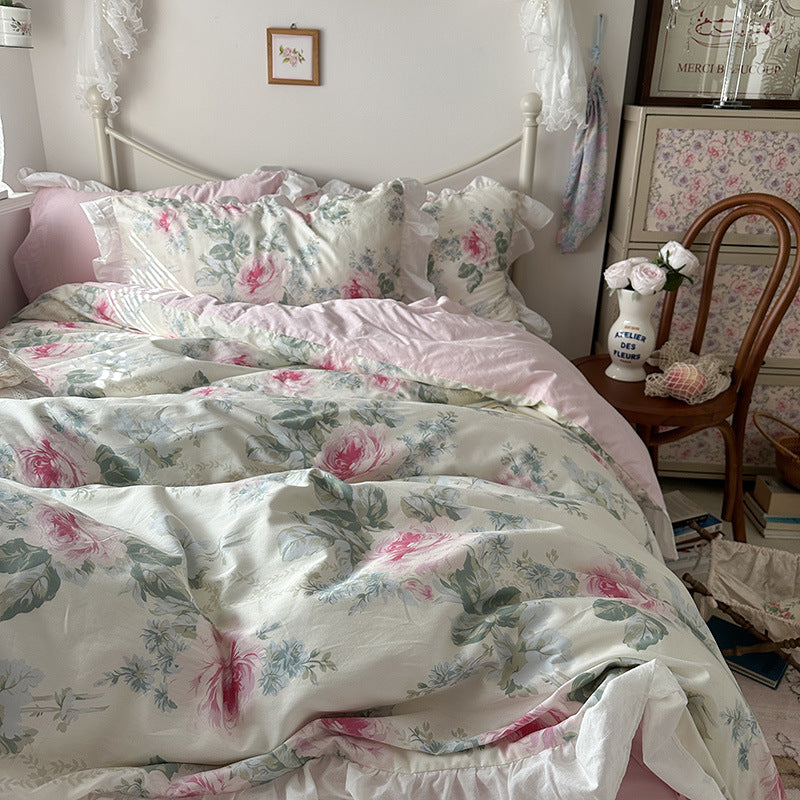 Princess Style Ruffled Cotton Bed Sheet Duvet Cover Set - Floral Minimalist Bedding