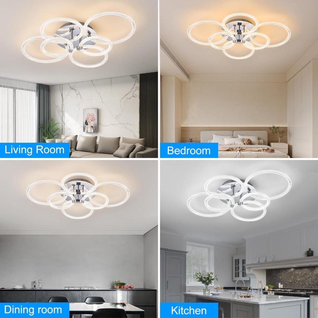Modern LED Flush Mount Ceiling Light with Dimmable Remote Control, 6-Ring Acrylic Fixture for Bedroom Living Room Kitchen Office