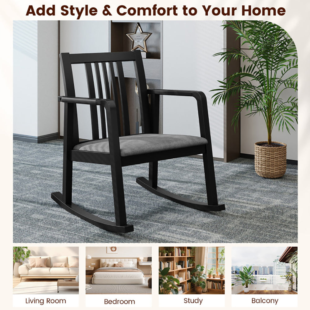 Rocking Chair With Slatted Back And Curved Armrests Rubberwood For