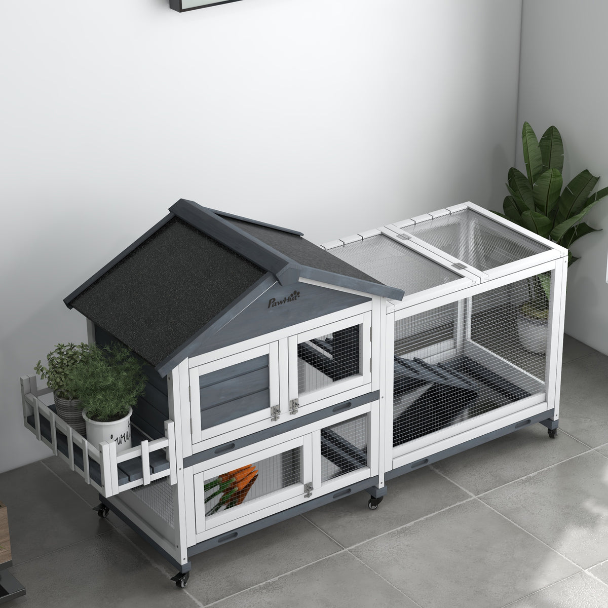 Wooden Rabbit Hutch with Openable Roof & Storage - 65 Inch Pet House for Small Animals, Gray
