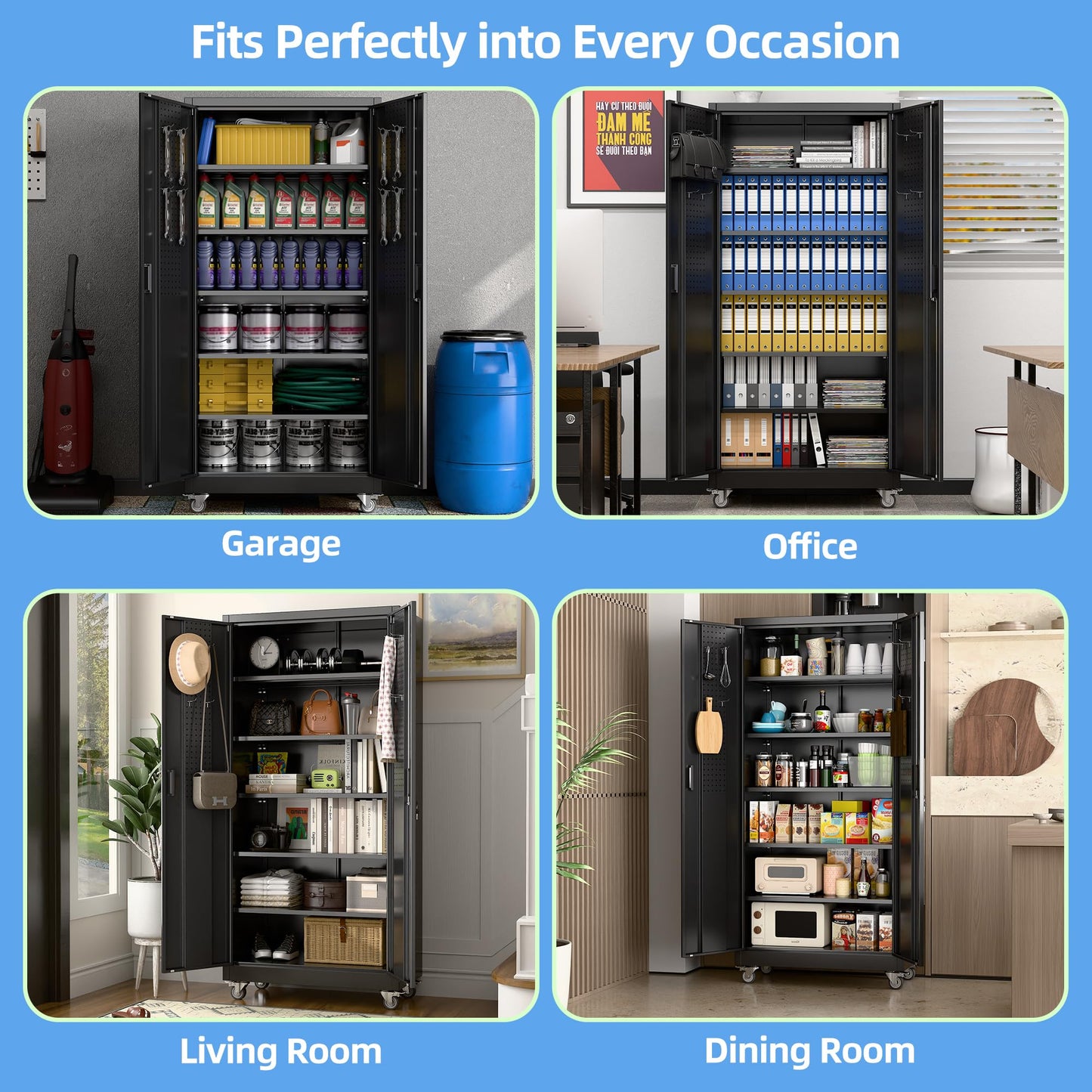 Metal Garage Storage Cabinet with Wheels - 34" W, Lockable, 5 Shelves