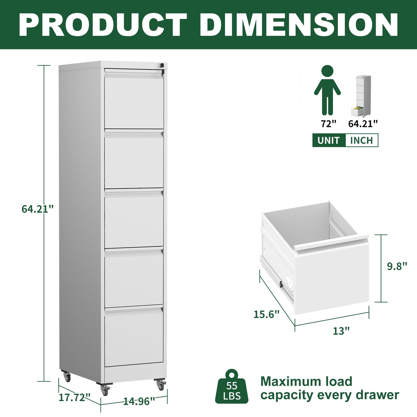 5 Drawer Metal Vertical File Cabinet With Lock On Wheels For Home