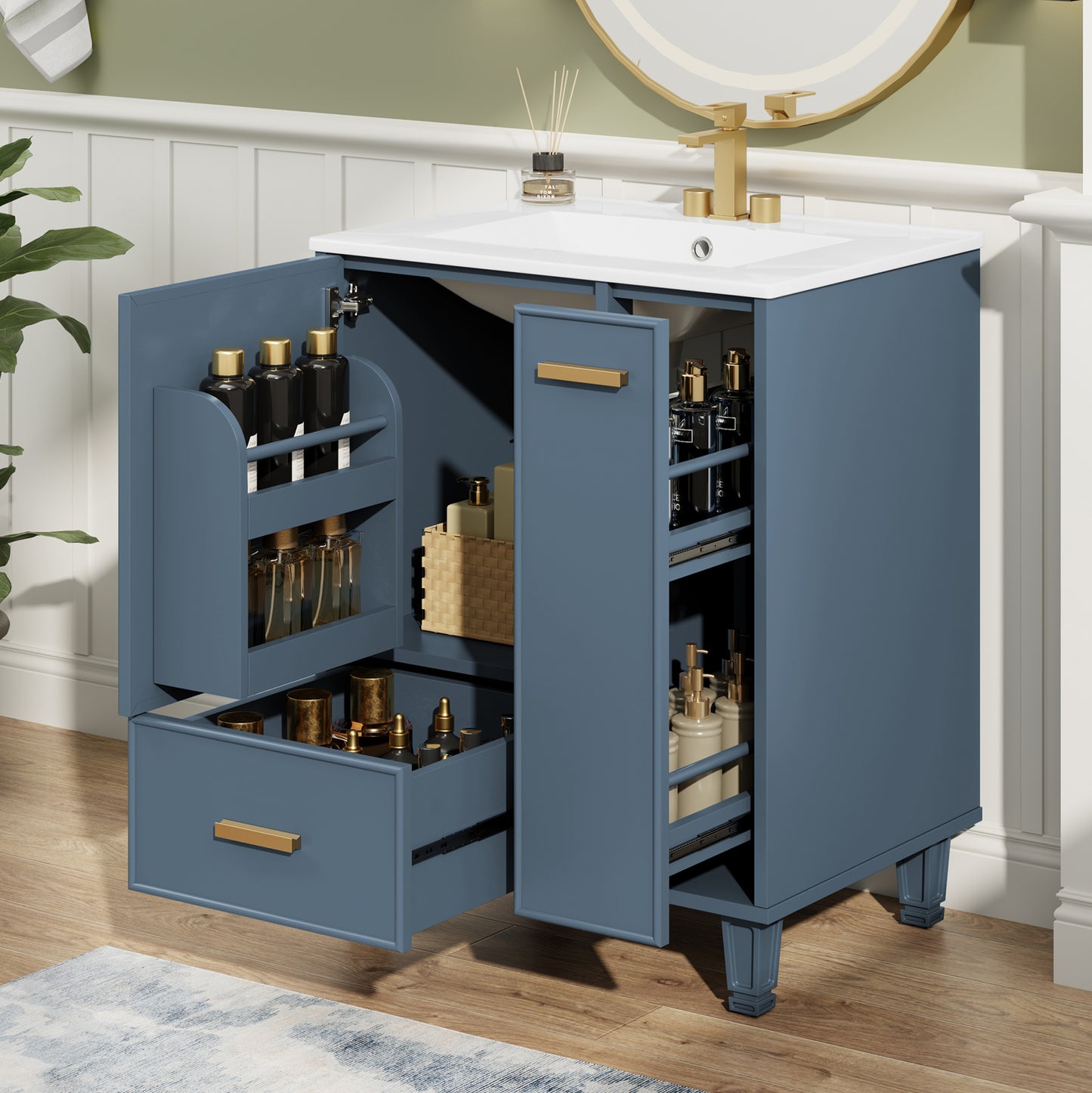 24" Bathroom Vanity with Sink - Grey Blue, Solid Wood Frame