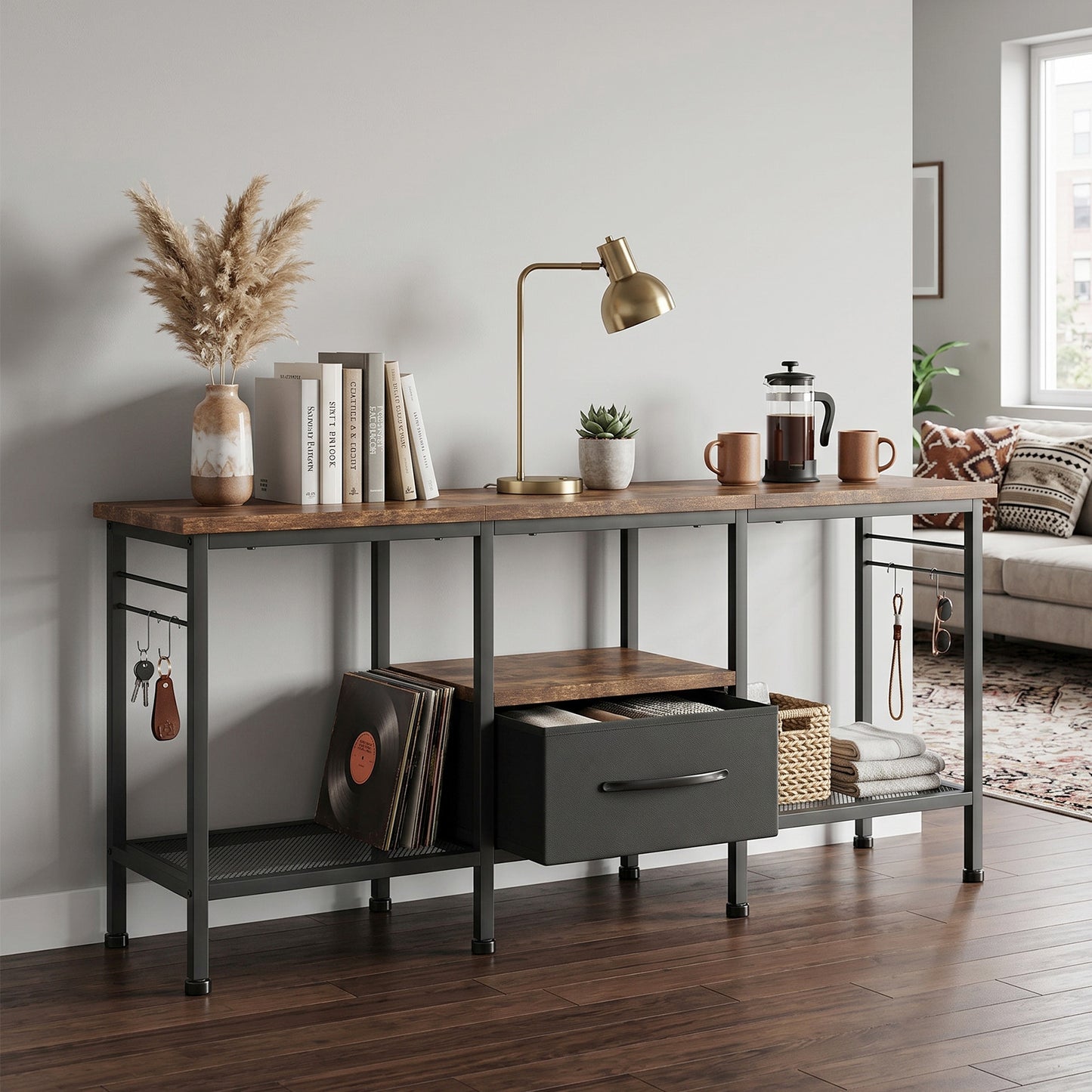 Industrial Style TV Stand with Fabric Drawer & Open Shelves