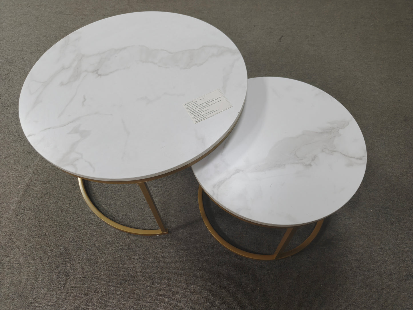 Nesting Coffee Table Set of 2 - Round Wood Marble Pattern - White+Gold