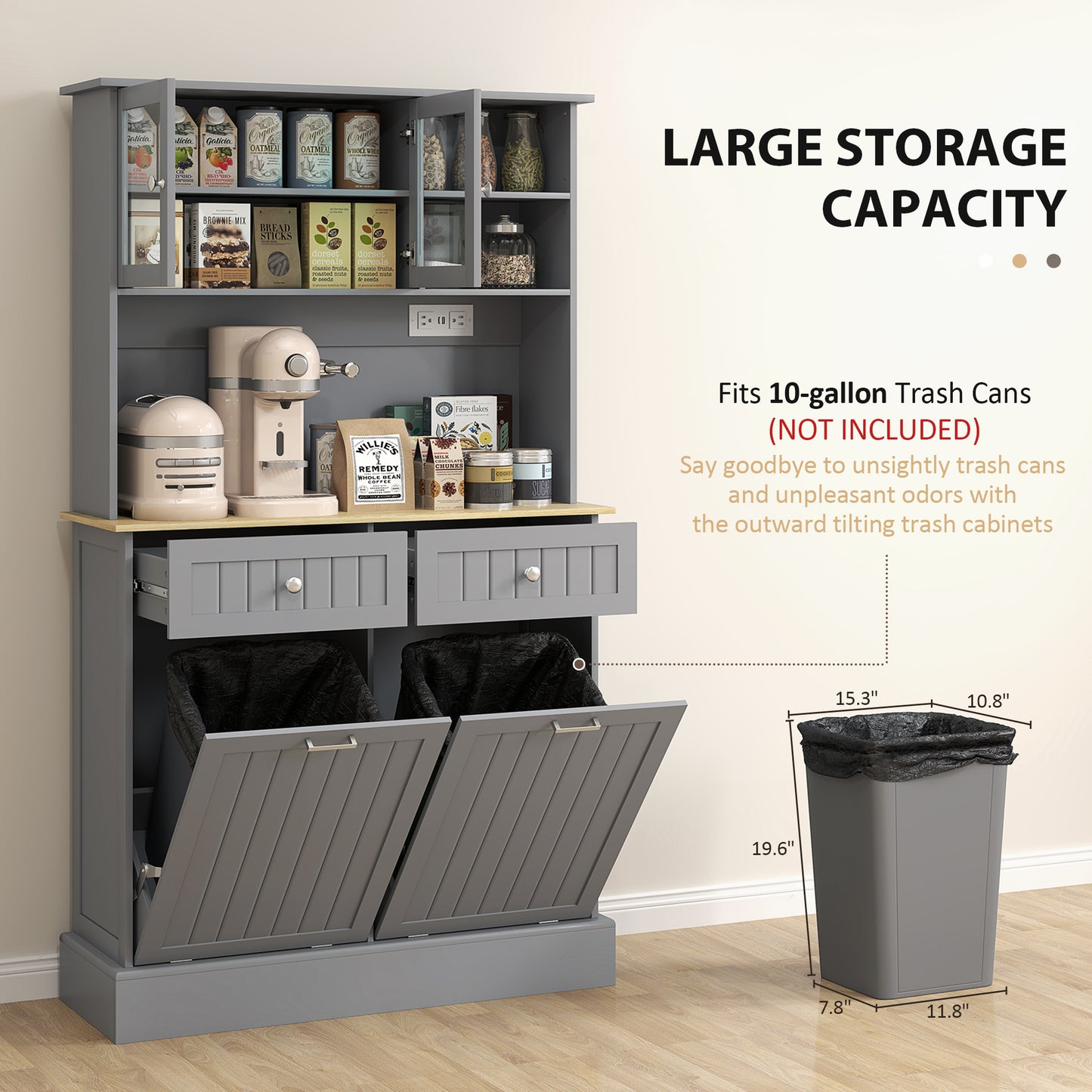 Kitchen Pantry Cabinet with Charging Station & Tilt-Out Cabinets - Gray