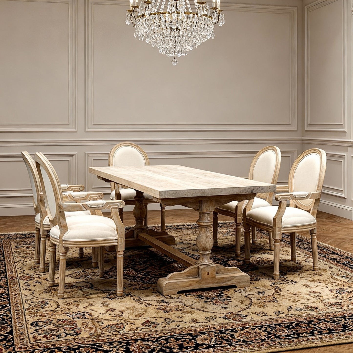 French Country Dining Armchair Set of 2 - Beige Upholstered Chairs