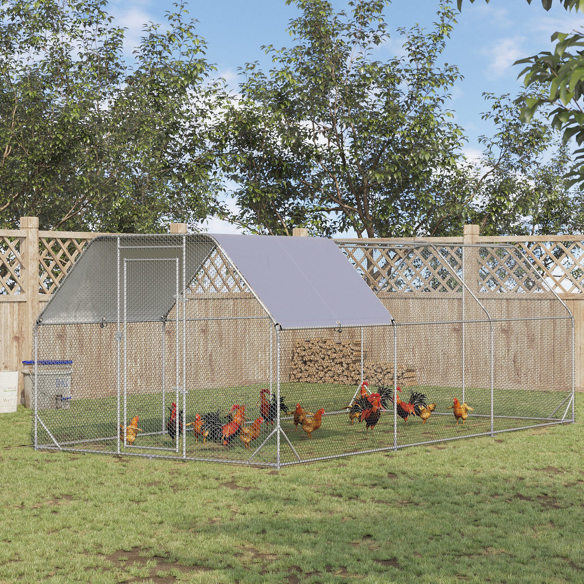 Large Metal Chicken Coop with Waterproof Cover - Walk-In Yard Fence, 18.7x9.2 ft