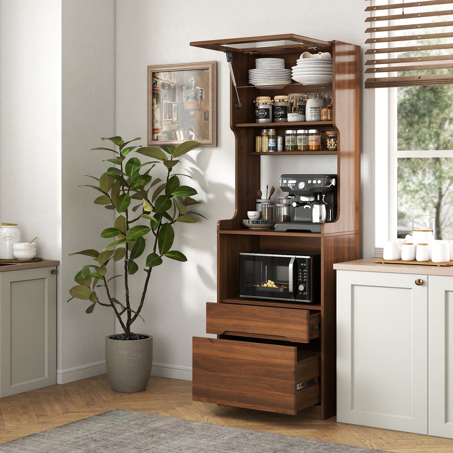 Farmhouse Kitchen Hutch Storage Cabinet with Microwave Stand - Walnut
