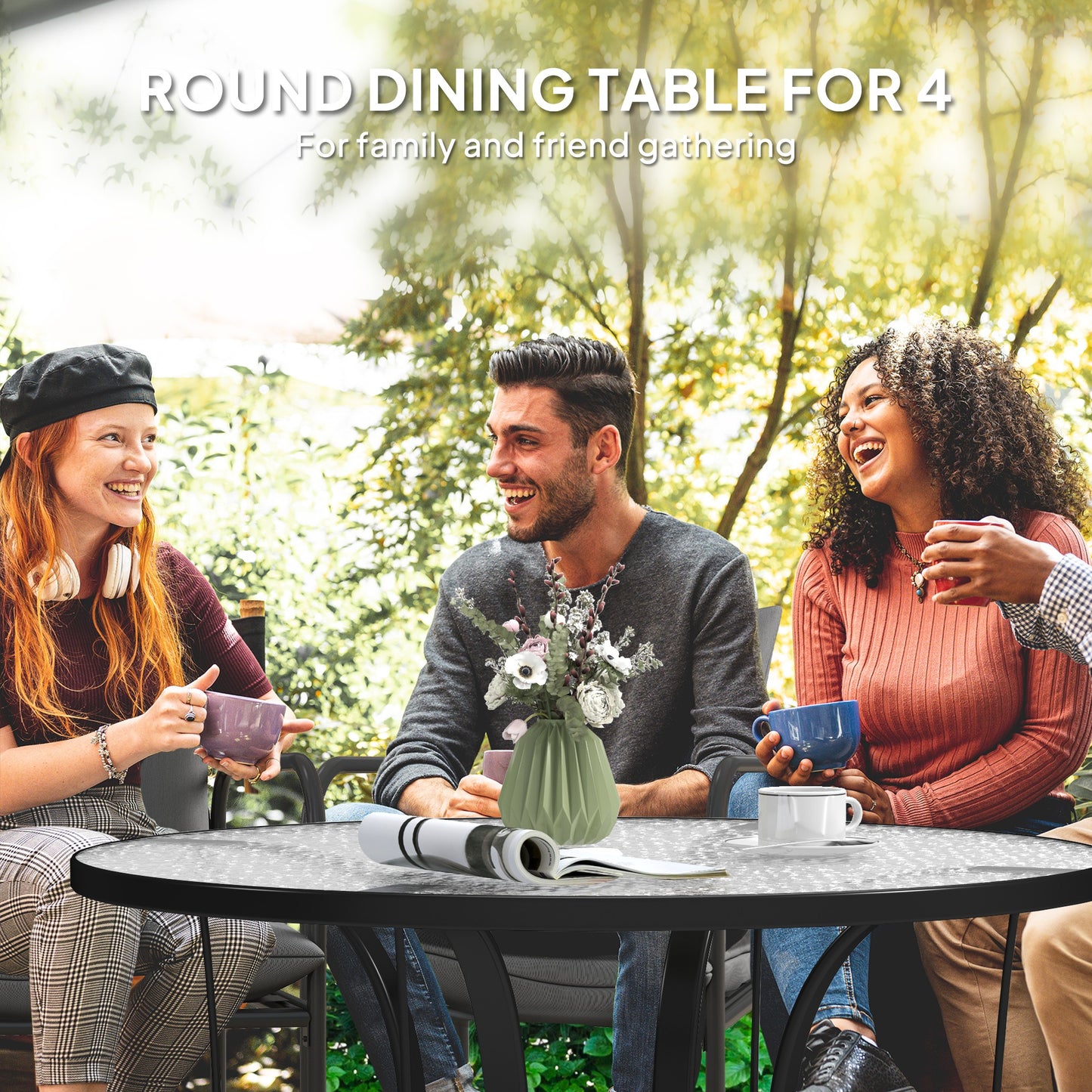 38" Round Outdoor Dining Table with Umbrella Hole - Black