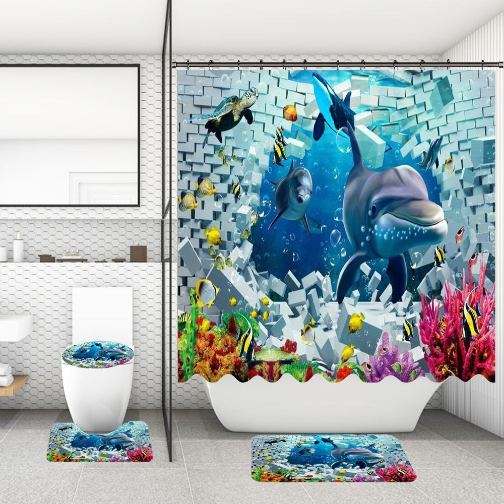 Bathroom Shower Curtain and Floor Mat Set Ocean World Printing - 4 Piece
