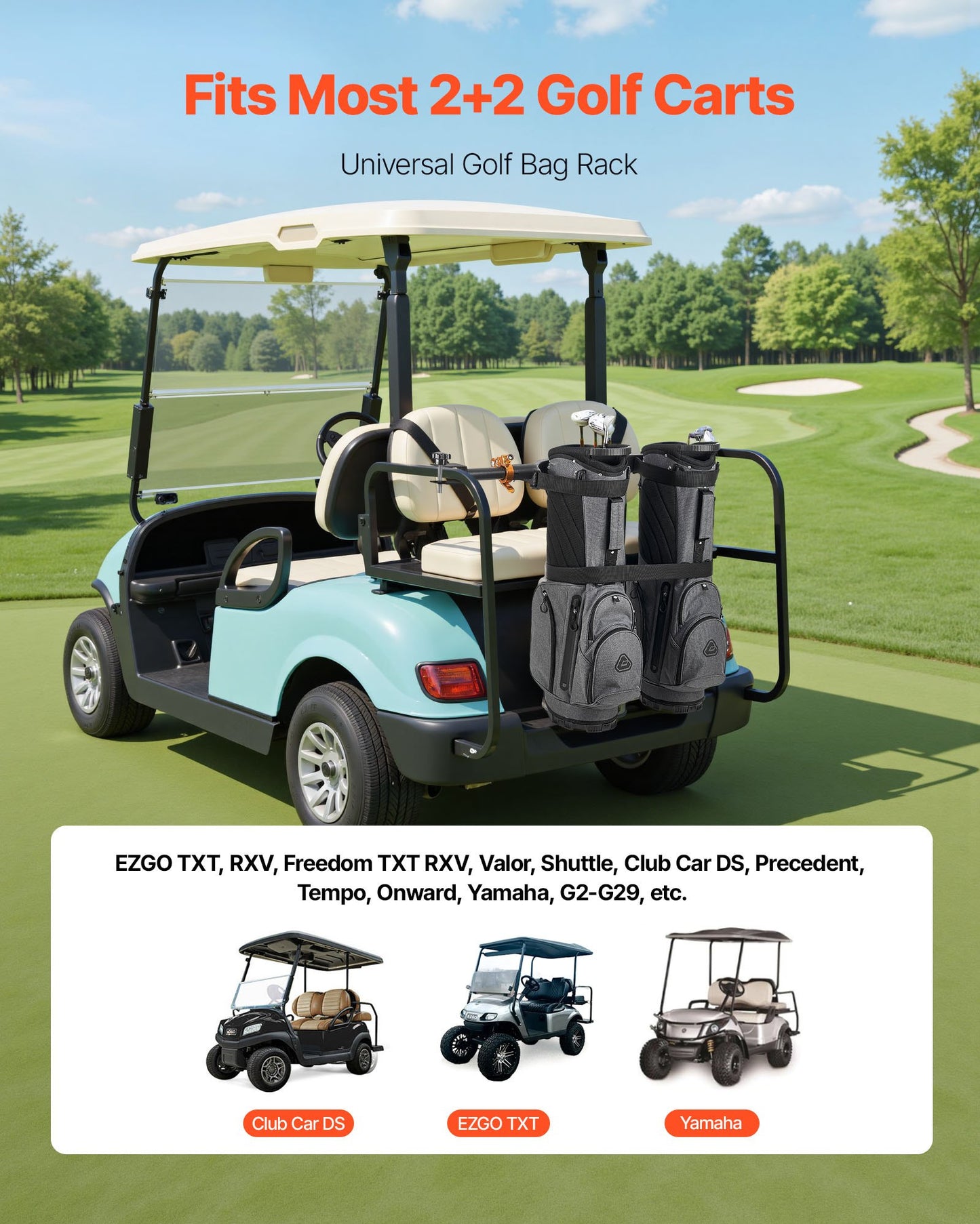 Golf Cart Bag Holder Adjustable Steel Clamp for Most 2+2 Rear Seat Carts